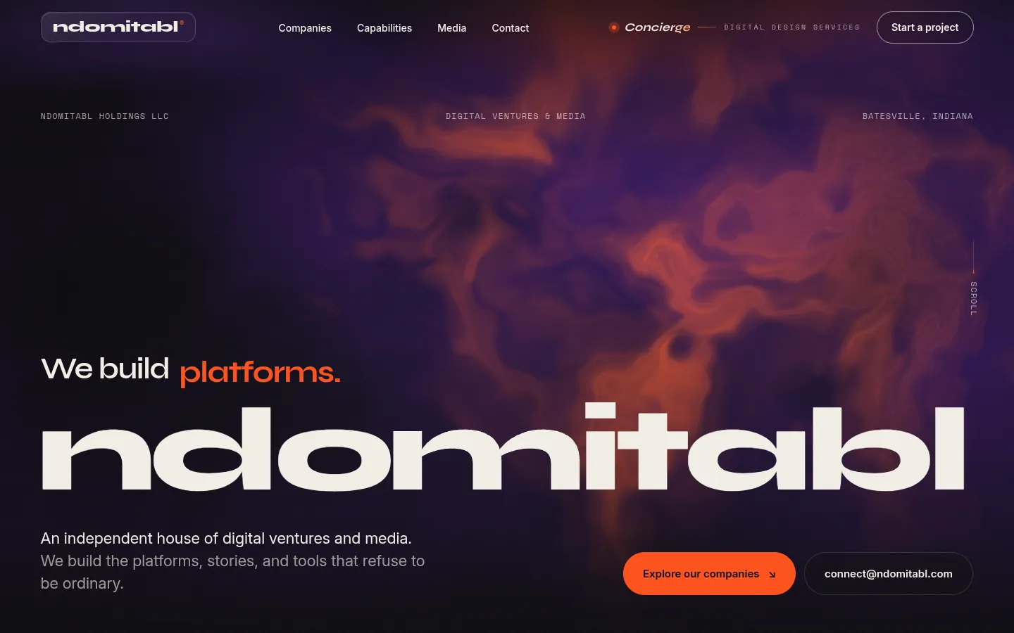 ndomitabl.com hero with the ndomitabl wordmark over plum and ember smoke.